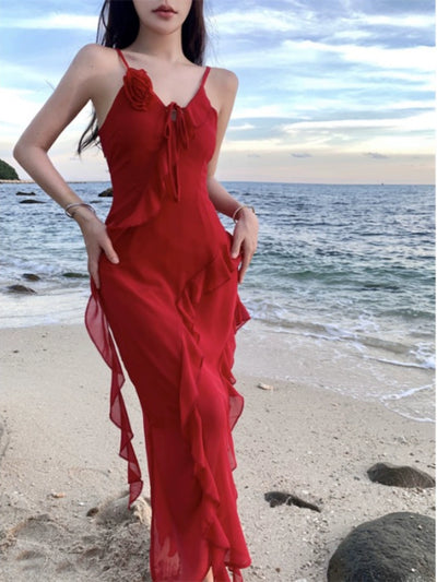 Thailand Sanya Seaside Holiday Beach Skirt Ruffles Irregular Spaghetti-Strap French Style Beautiful Red Chiffon Dress