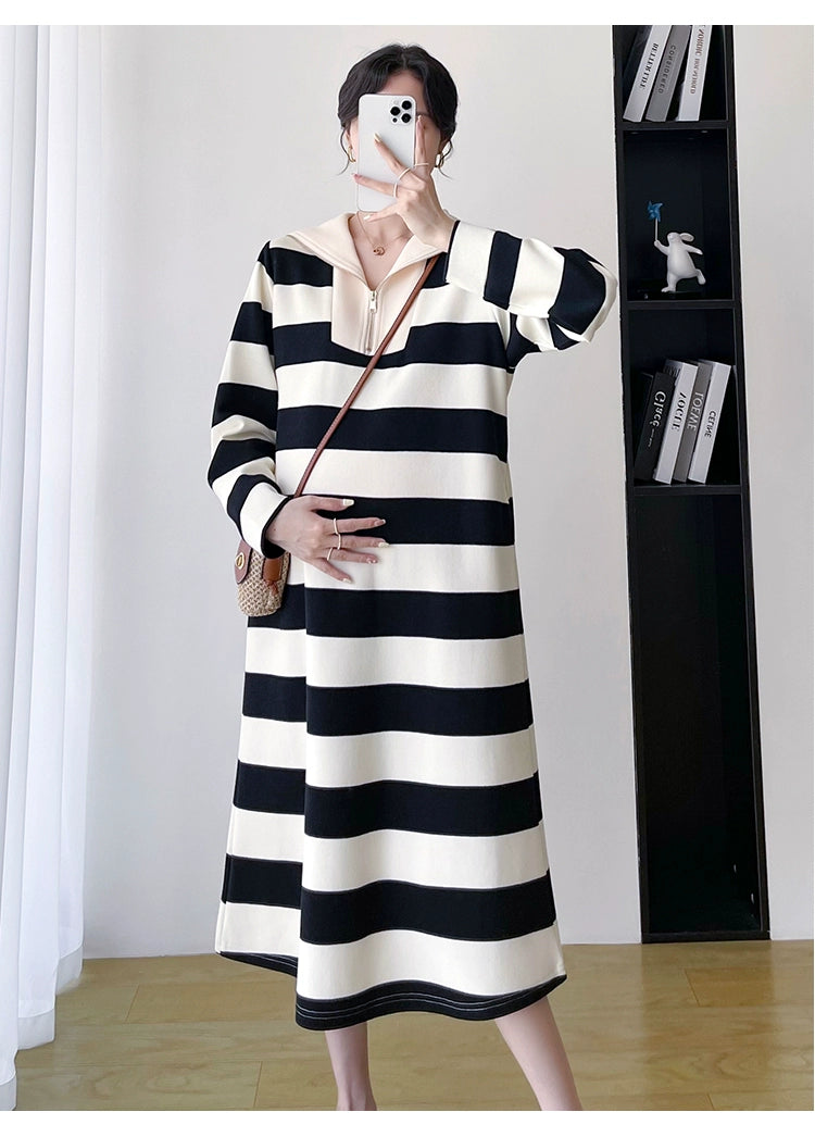 2025 Spring Clothing New Arrival K-style Plus Size Maternity Stripes Dress Fashionable Mom Pullover Sweatshirt Lapel Long Skirt