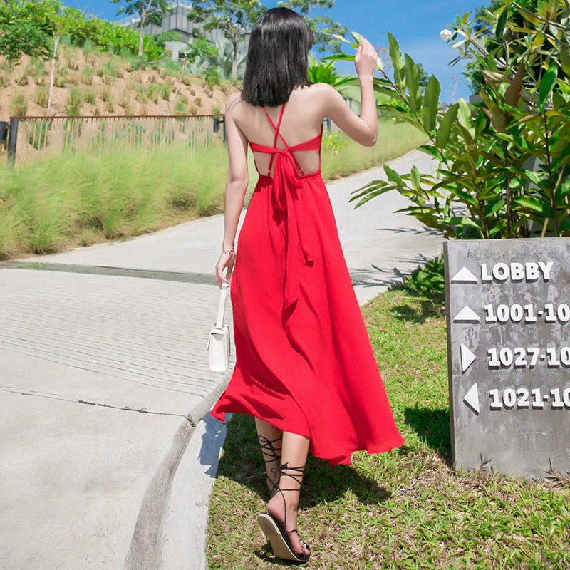 Red Lacing Chiffon Backless Bow Dress
