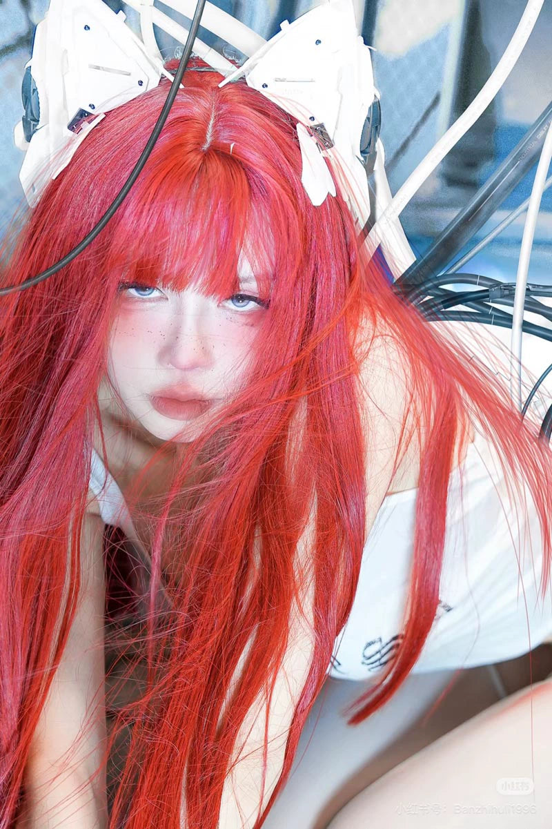Y2g Sea King Red Long Straight Hair Full Head Cover Lolita Qi Bangs Gyaru Pull Red One-Size-Cut Long Hair Cos Universal