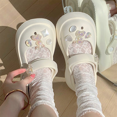 Thin Strip Sweet Rhinestone Mary Jane Sandals Fairy Style Fashion Summer Outwear Holiday Sandals Hole Shoes