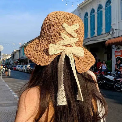 Straw Hat Female Summer New French Woven Bows Sun-Proof Bucket Hat Fresh Beach Trip Vacation Sun Hat