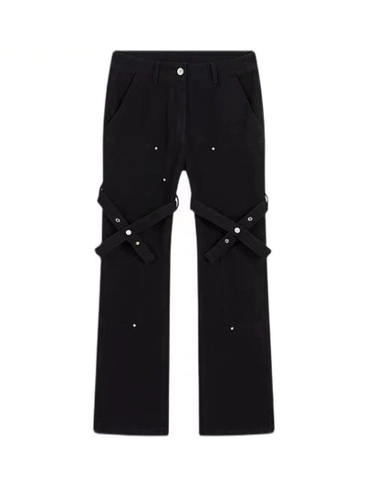Asian Culture Y2g American Black Strap Slightly Flared Cargo Jeans Women's Autumn Slimming Pants Plus Size Plus Size Ladies