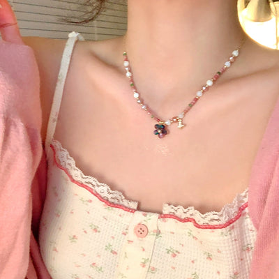 Spring Letter ~ Natural Stone Color Beaded Flower Pendant Necklace Female Dopamine Vacation Style Necklace Clavicle Chain