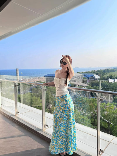 Seaside Vacation Style Suit Pure Desire Stylish White Halter Tube Top Blue Shirt Floral Skirt Two-piece Set