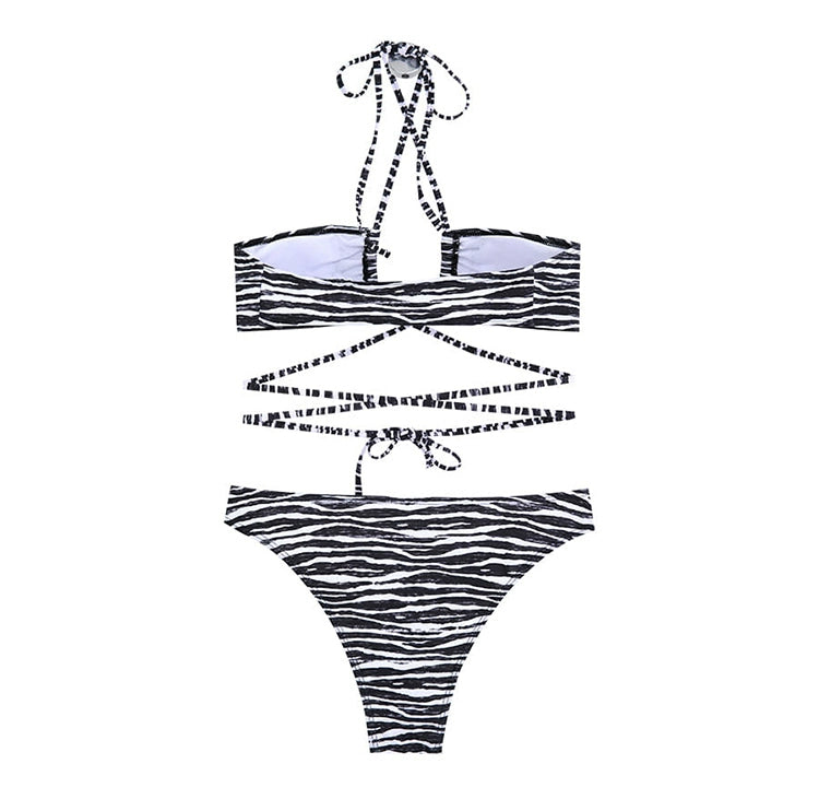 Swimsuit for Women 2025 New Sexy Ins Zebra Stripes Bikini Separates Three-Point Small Chest Vacation Hot Spring