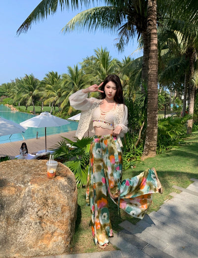 Ethnic Style Seaside Vacation Style Chiffon Loose Pants Suit + with Chest Pad Bikini Top + Sun-Protective Clothing Small Coat