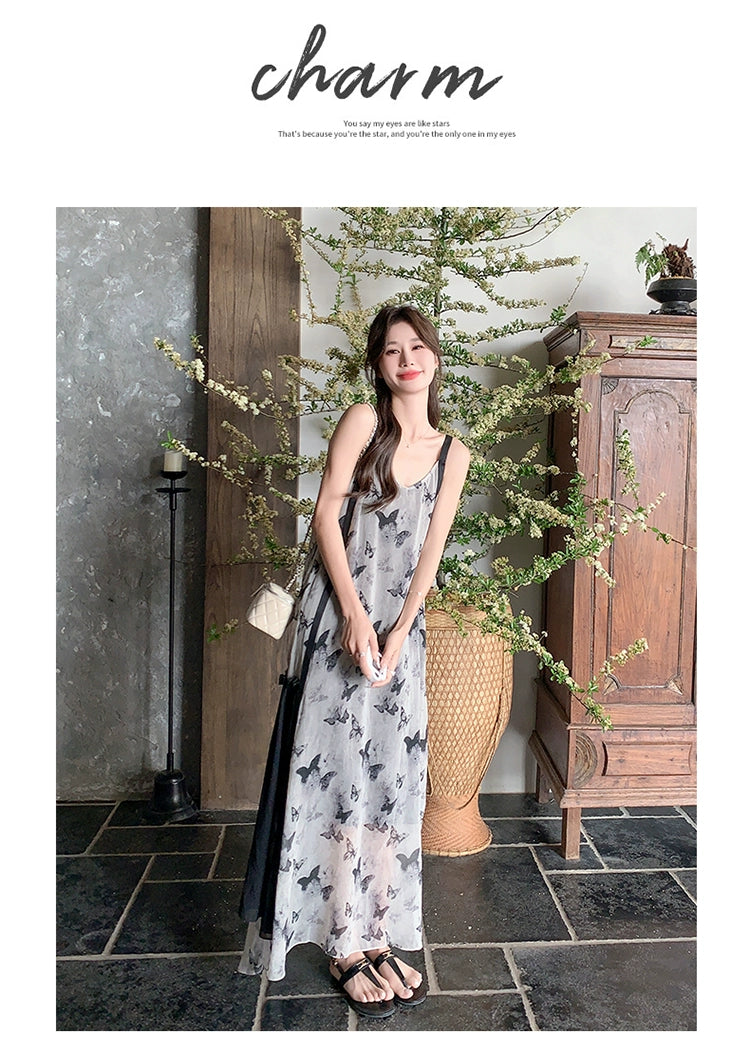 New Chinese Style Chinese Style Sling Dress Chiffon Ink Painting