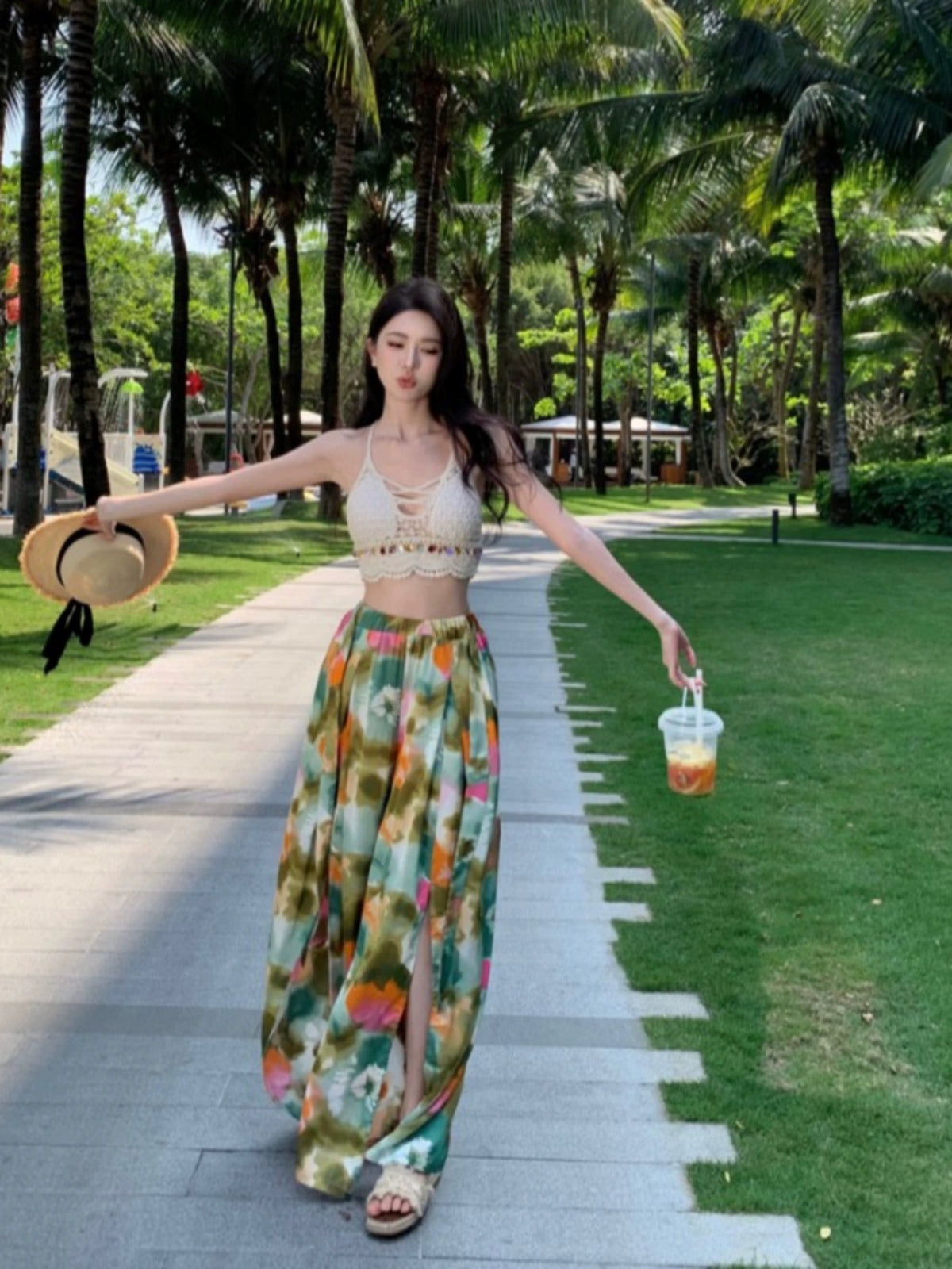 Ethnic Style Seaside Vacation Style Chiffon Loose Pants Suit + with Chest Pad Bikini Top + Sun-Protective Clothing Small Coat