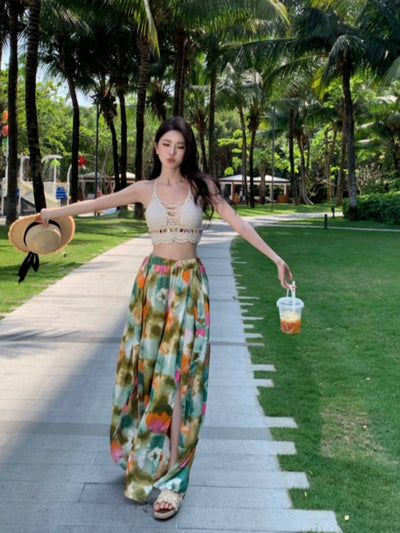 Ethnic Style Seaside Vacation Style Chiffon Loose Pants Suit + with Chest Pad Bikini Top + Sun-Protective Clothing Small Coat