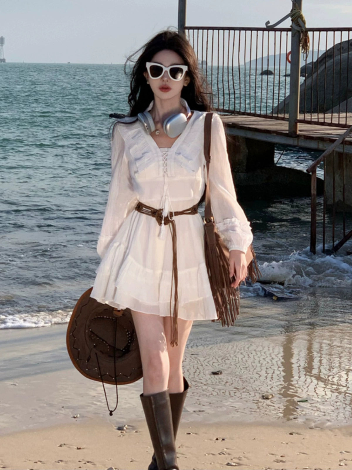 Pure First Date Sense Seaside Vacation Style Long Sleeves Dress