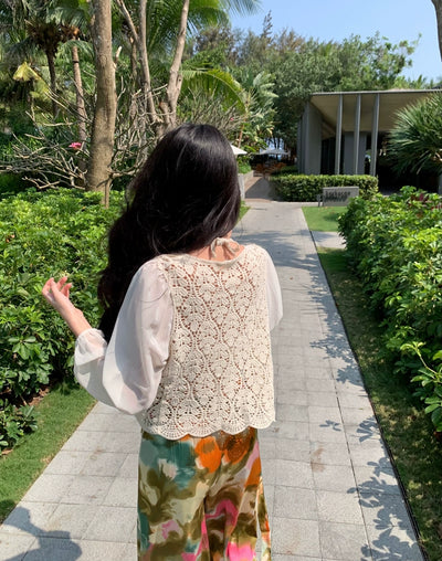 Ethnic Style Seaside Vacation Style Chiffon Loose Pants Suit + with Chest Pad Bikini Top + Sun-Protective Clothing Small Coat