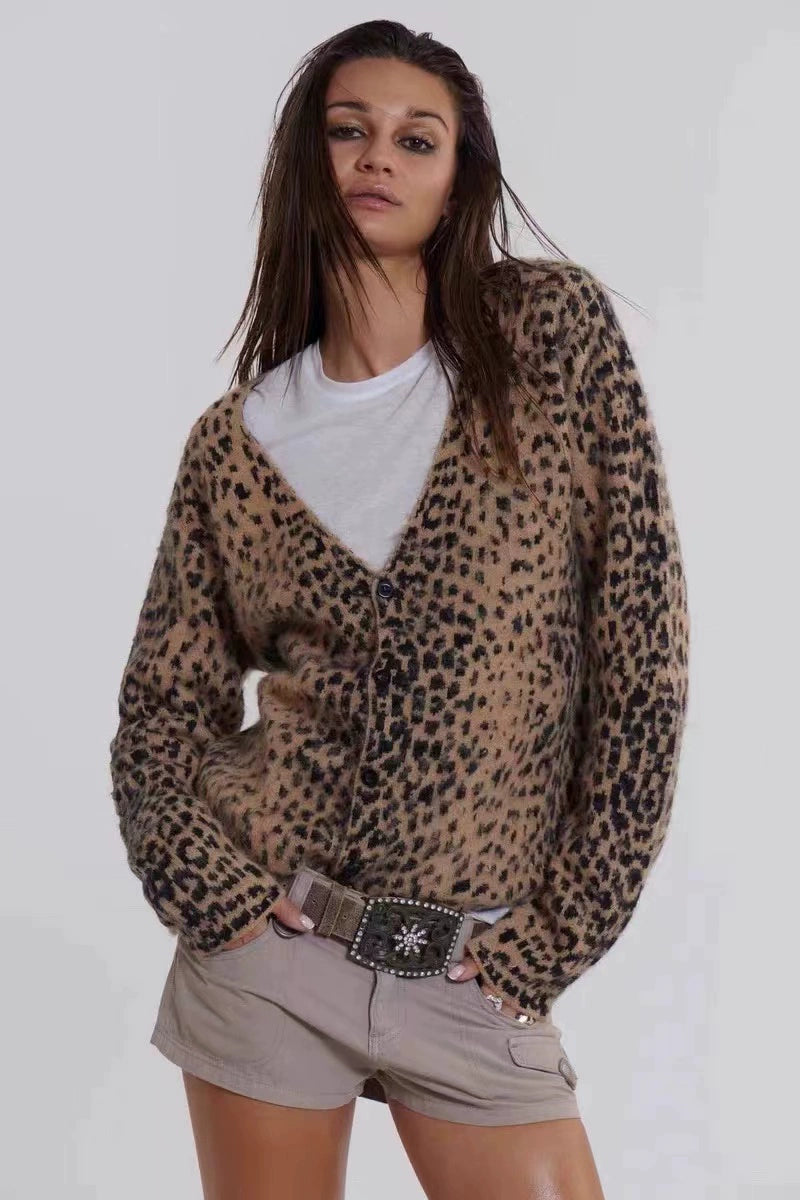 Y2g Fashion Soft Knitting V Neck Cardigan Leopard-Print Sweater