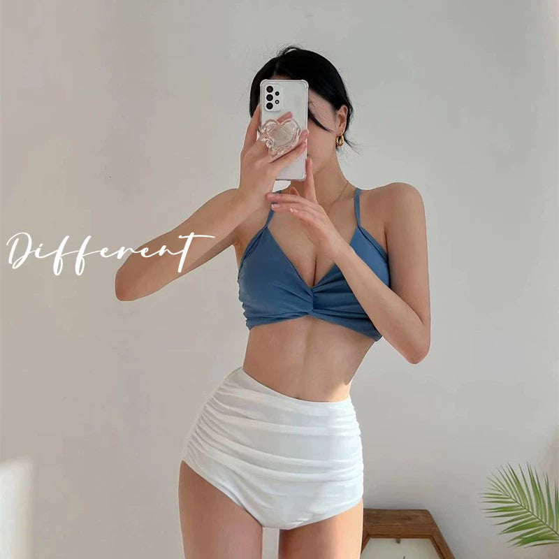 South korea New Swimsuit Women Sexy High Waist Retro Pure Desire Ventilation Network Red Split Bikinis Hot Spring Vacation Swimsuit