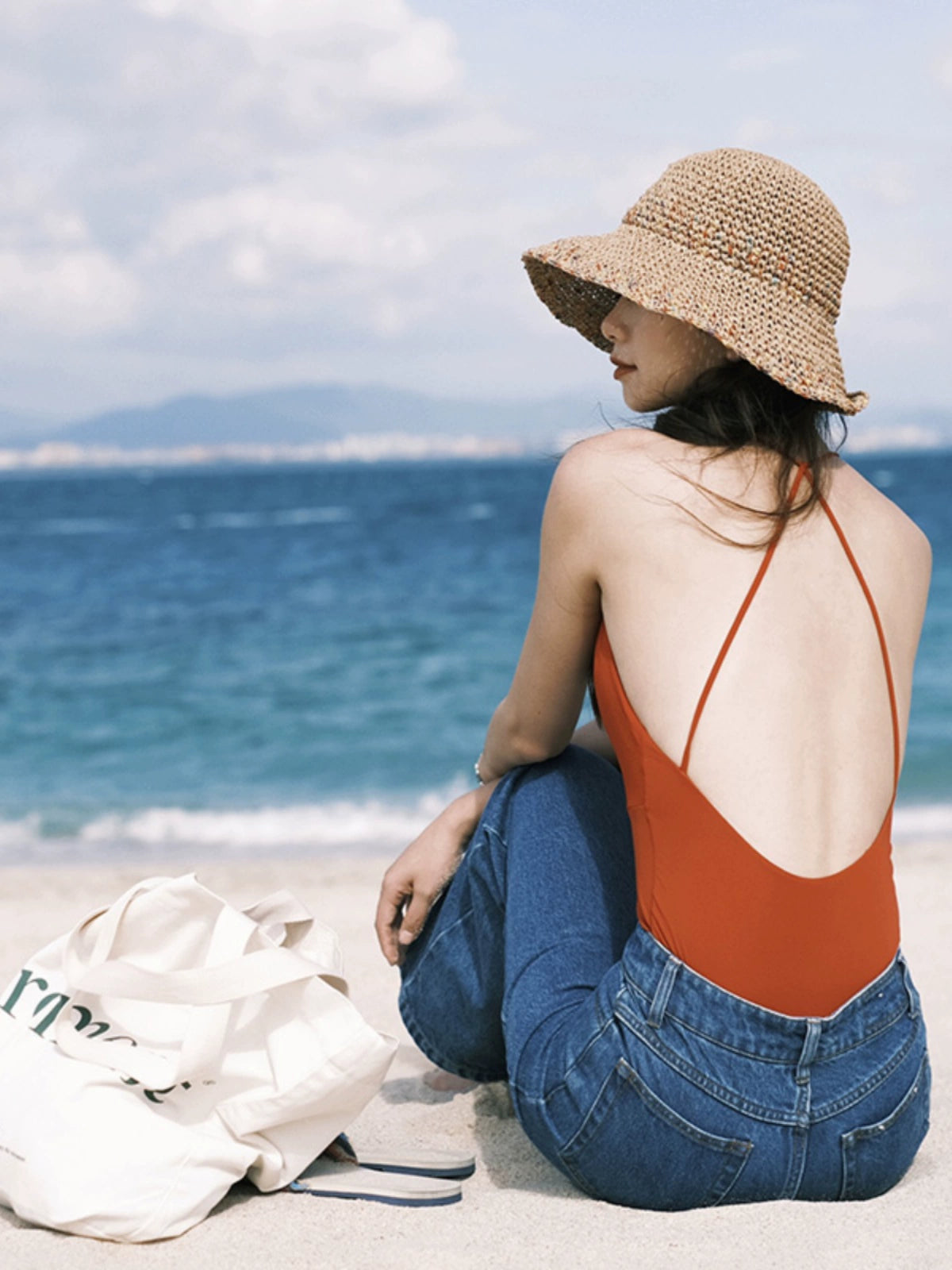 [Clearance Special Offer] Retro One-Piece Swimsuit Women's Hong Kong Style Sexy Deep V Thin Hot Spring Vacation Beach Swimsuit