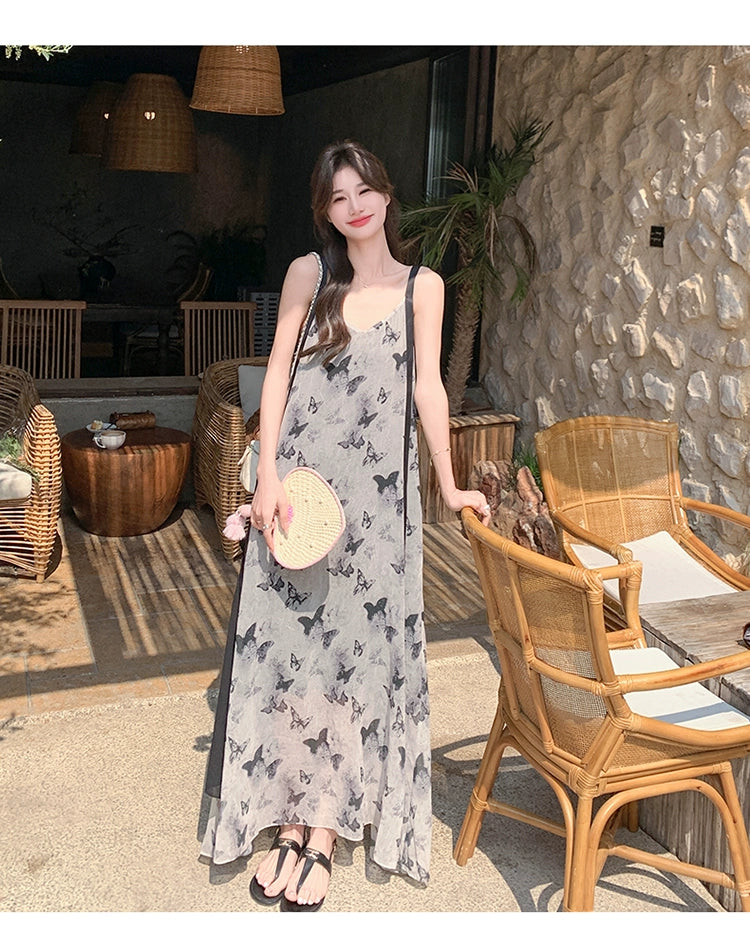 New Chinese Style Chinese Style Sling Dress Chiffon Ink Painting
