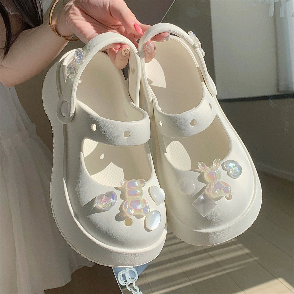 Thin Strip Sweet Rhinestone Mary Jane Sandals Fairy Style Fashion Summer Outwear Holiday Sandals Hole Shoes