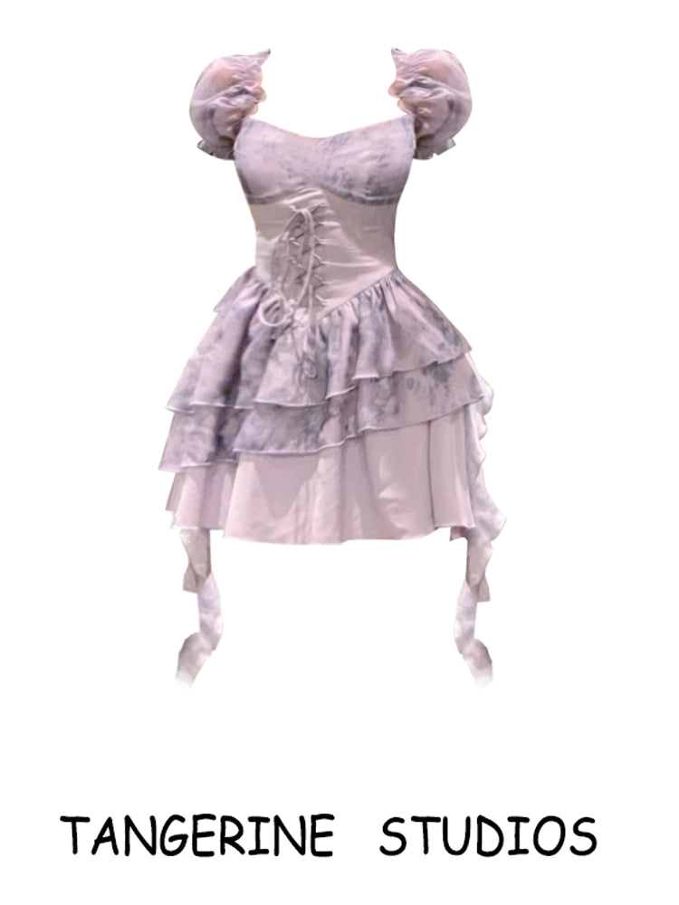 2025 Summer New Purple Sweet Stitching Smudges Tight Waist Slimming Lace up Puff Short Sleeve Princess Dress