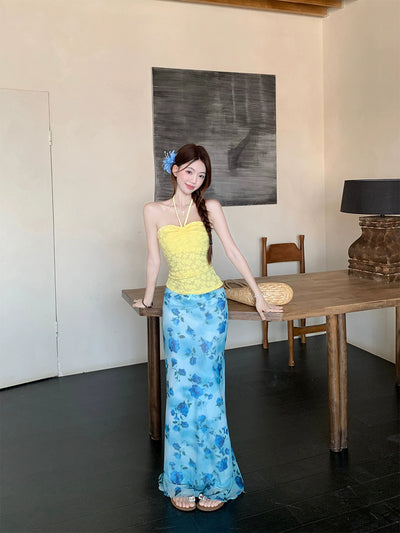 Seaside Vacation Style Suit Pure Desire Stylish White Halter Tube Top Blue Shirt Floral Skirt Two-piece Set