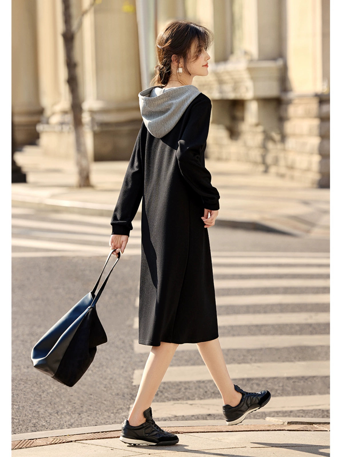 Xwi Xin Not Contrast Color Patchwork Hoodie Dress Female 2024 Autumn Simplicity Generous Slimming Elegant Long Dress