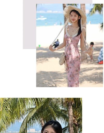 French Floral Strap Dress Women's Summer Tight Waist Long Skirt Beach Skirt Seaside Vacation Skirt