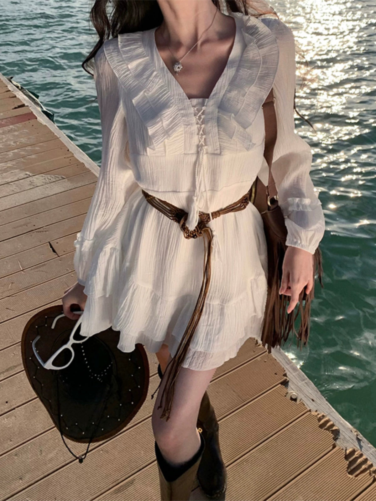 Pure First Date Sense Seaside Vacation Style Long Sleeves Dress