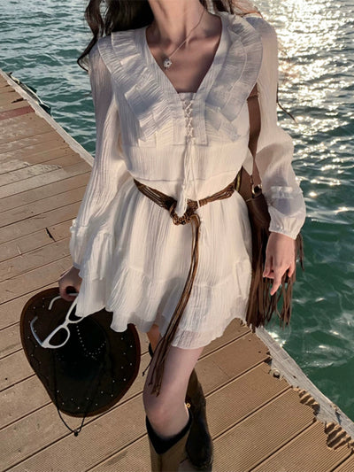Pure First Date Sense Seaside Vacation Style Long Sleeves Dress