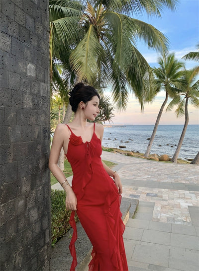 Thailand Sanya Seaside Holiday Beach Skirt Ruffles Irregular Spaghetti-Strap French Style Beautiful Red Chiffon Dress