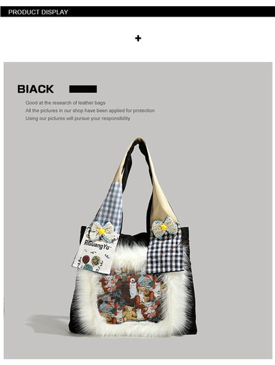 Y2g Cute Funny Stylish Niche Style Patchwork Stuffed Fur Bag College Student Work Clothing Cartoon Canvas Shoulder Bag