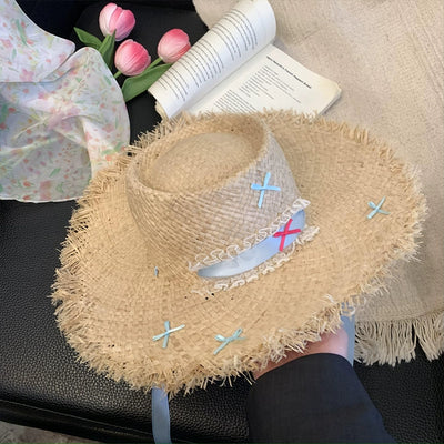 Straw Hat French Flat Top Female Summer Seaside Bows