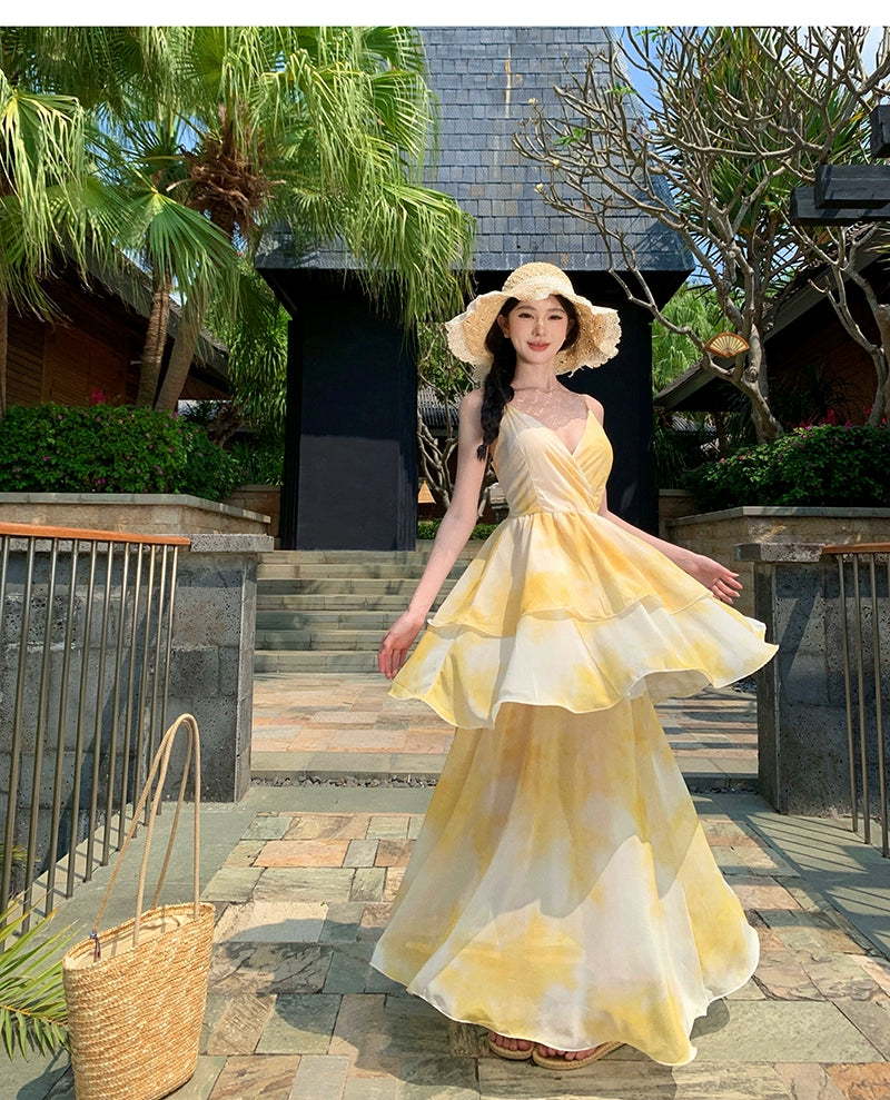 Nipped-Waist New French Seaside Sling Holiday Dress Travel Elegant Cake Dress Summer Beach Dress Female Yellow