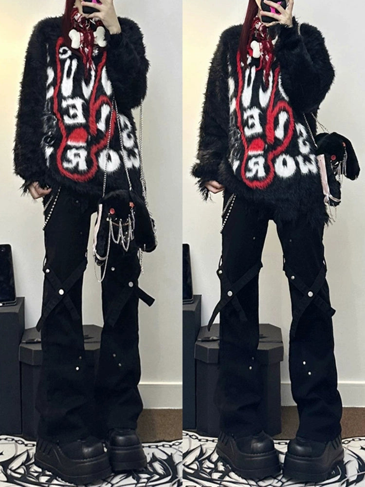 Asian Culture Y2g American Black Strap Slightly Flared Cargo Jeans Women's Autumn Slimming Pants Plus Size Plus Size Ladies