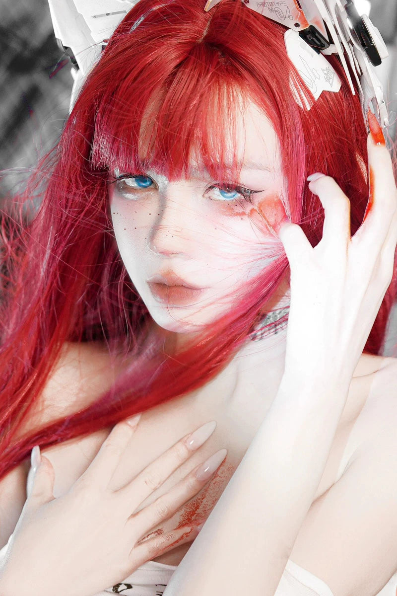 Y2g Sea King Red Long Straight Hair Full Head Cover Lolita Qi Bangs Gyaru Pull Red One-Size-Cut Long Hair Cos Universal