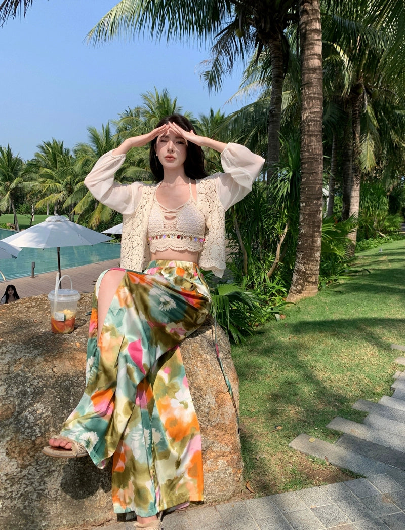 Ethnic Style Seaside Vacation Style Chiffon Loose Pants Suit + with Chest Pad Bikini Top + Sun-Protective Clothing Small Coat