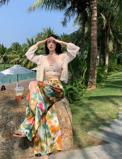 Ethnic Style Seaside Vacation Style Chiffon Loose Pants Suit + with Chest Pad Bikini Top + Sun-Protective Clothing Small Coat