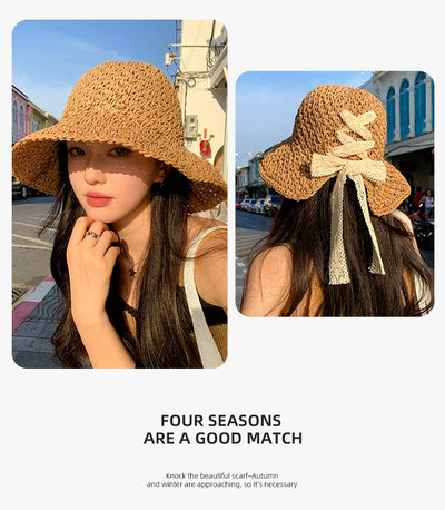 Straw Hat Female Summer New French Woven Bows Sun-Proof Bucket Hat Fresh Beach Trip Vacation Sun Hat