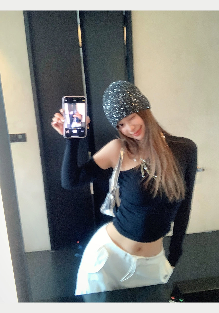 Zhao Lusi Same Style ~ Homemade Bows Sequin Knitted Cold Cap Female Y2g Sexy Wind Show Face Small Toe Cap Pile Heap Cap