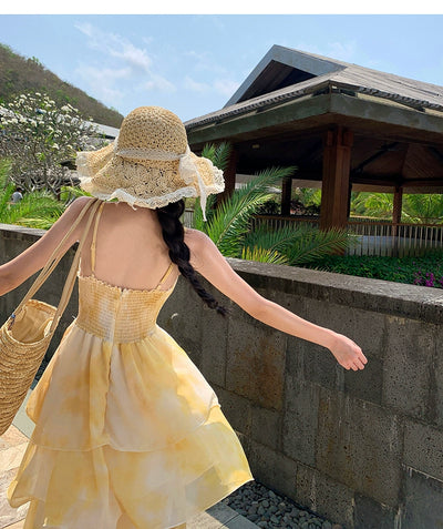 Nipped-Waist New French Seaside Sling Holiday Dress Travel Elegant Cake Dress Summer Beach Dress Female Yellow