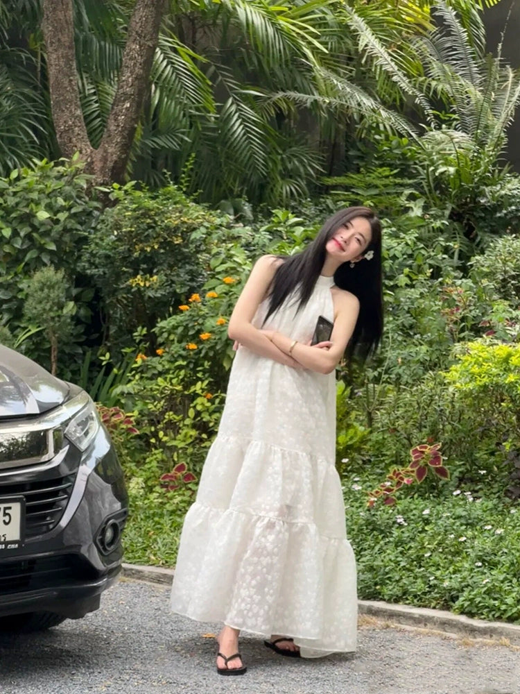Cake White Halter Dress Loose Bow