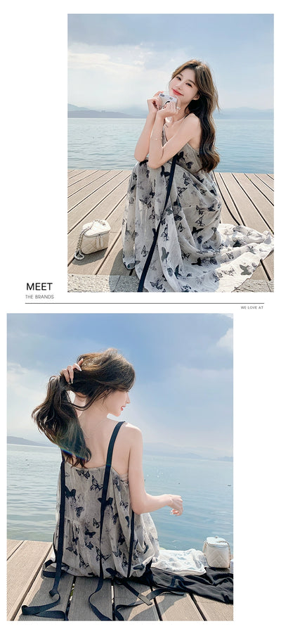 New Chinese Style Chinese Style Sling Dress Chiffon Ink Painting