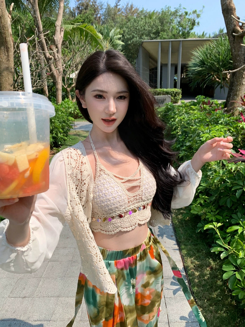 Ethnic Style Seaside Vacation Style Chiffon Loose Pants Suit + with Chest Pad Bikini Top + Sun-Protective Clothing Small Coat
