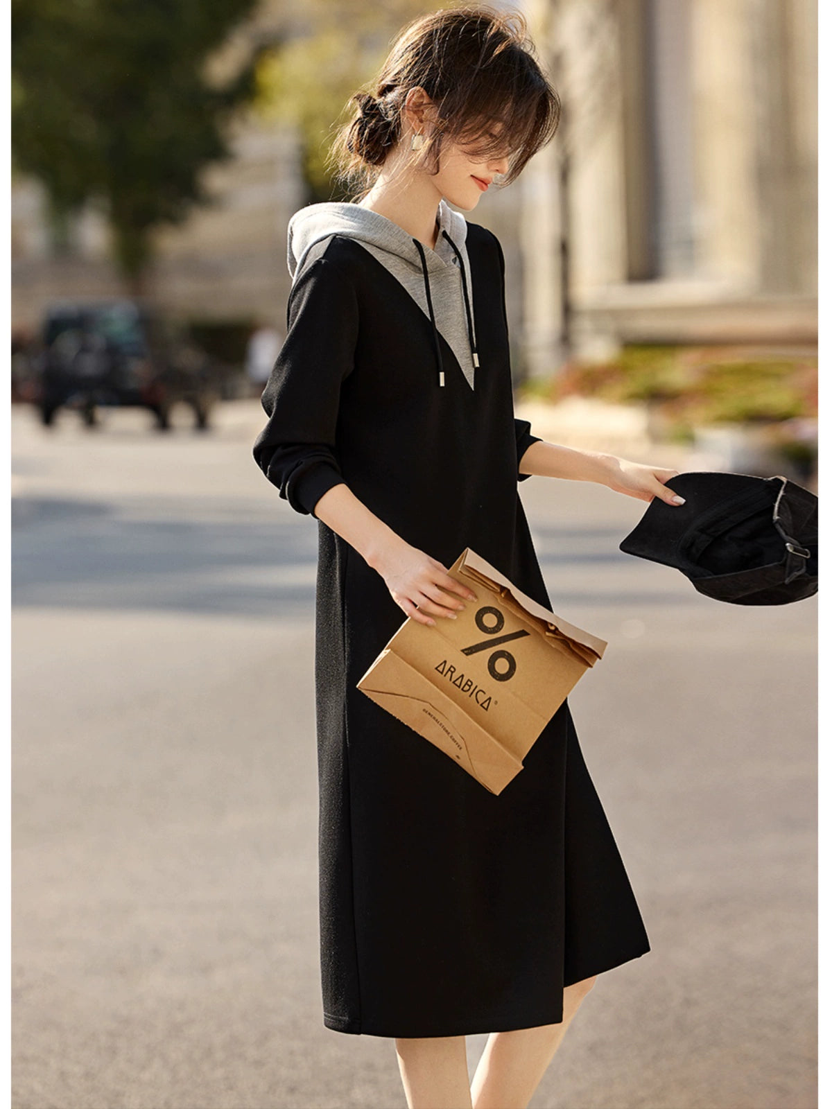 Xwi Xin Not Contrast Color Patchwork Hoodie Dress Female 2024 Autumn Simplicity Generous Slimming Elegant Long Dress