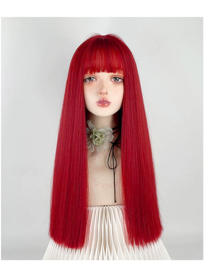 Y2g Sea King Red Long Straight Hair Full Head Cover Lolita Qi Bangs Gyaru Pull Red One-Size-Cut Long Hair Cos Universal