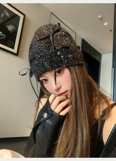 Zhao Lusi Same Style ~ Homemade Bows Sequin Knitted Cold Cap Female Y2g Sexy Wind Show Face Small Toe Cap Pile Heap Cap
