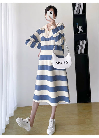2025 Spring Clothing New Arrival K-style Plus Size Maternity Stripes Dress Fashionable Mom Pullover Sweatshirt Lapel Long Skirt