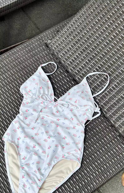 Women's Siamese Triangle Floral Deep V-neck Backless Ins Swimsuit