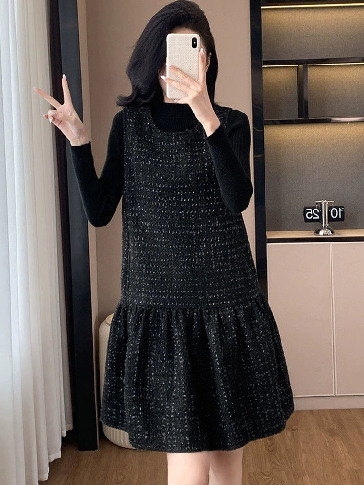 Woolen One piece Dress Women clothing Plus size Fat Mm2024 Autumn and Winter New Age-Reducing High end Western Style Fashion Woolen Vest Dress