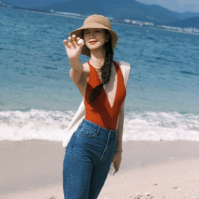 [Clearance Special Offer] Retro One-Piece Swimsuit Women's Hong Kong Style Sexy Deep V Thin Hot Spring Vacation Beach Swimsuit