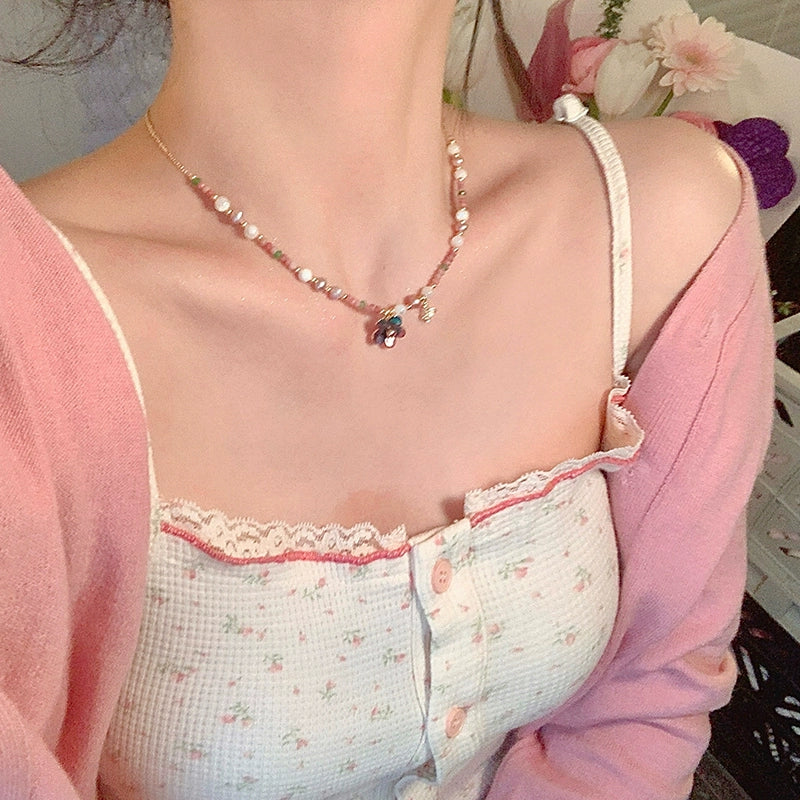 Spring Letter ~ Natural Stone Color Beaded Flower Pendant Necklace Female Dopamine Vacation Style Necklace Clavicle Chain