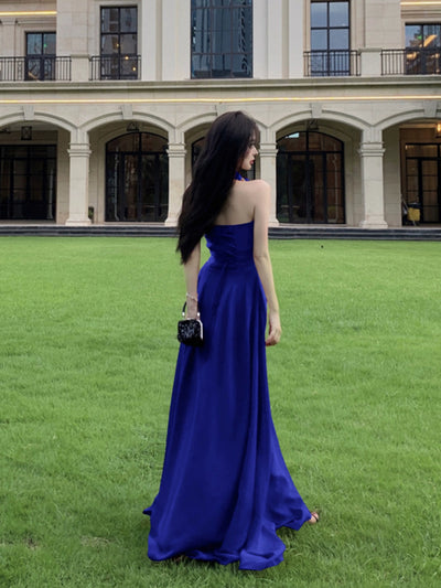Beautiful Vacation Style Blue Halterneck Chiffon Drape Dress Long Women's Fancy Elegant Mop Long Dress
